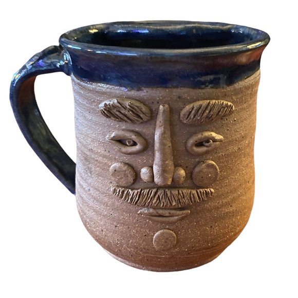 🥳 5/$35! VTG Signed Stoneware Pottery 3D Face Mug w/ Built In Tea Bag Holder
